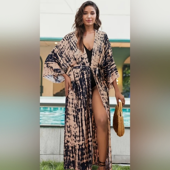 2/$50 Boho Apricot,Black Tie-Dye Belted Kimono Cover-Up Duster Burnout(#1,368) - Picture 1 of 14
